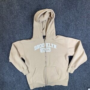 Forever 21 Brooklyn 1984‎ Hoodie Womens Small Beige Logo Fleece Lined Full Zip